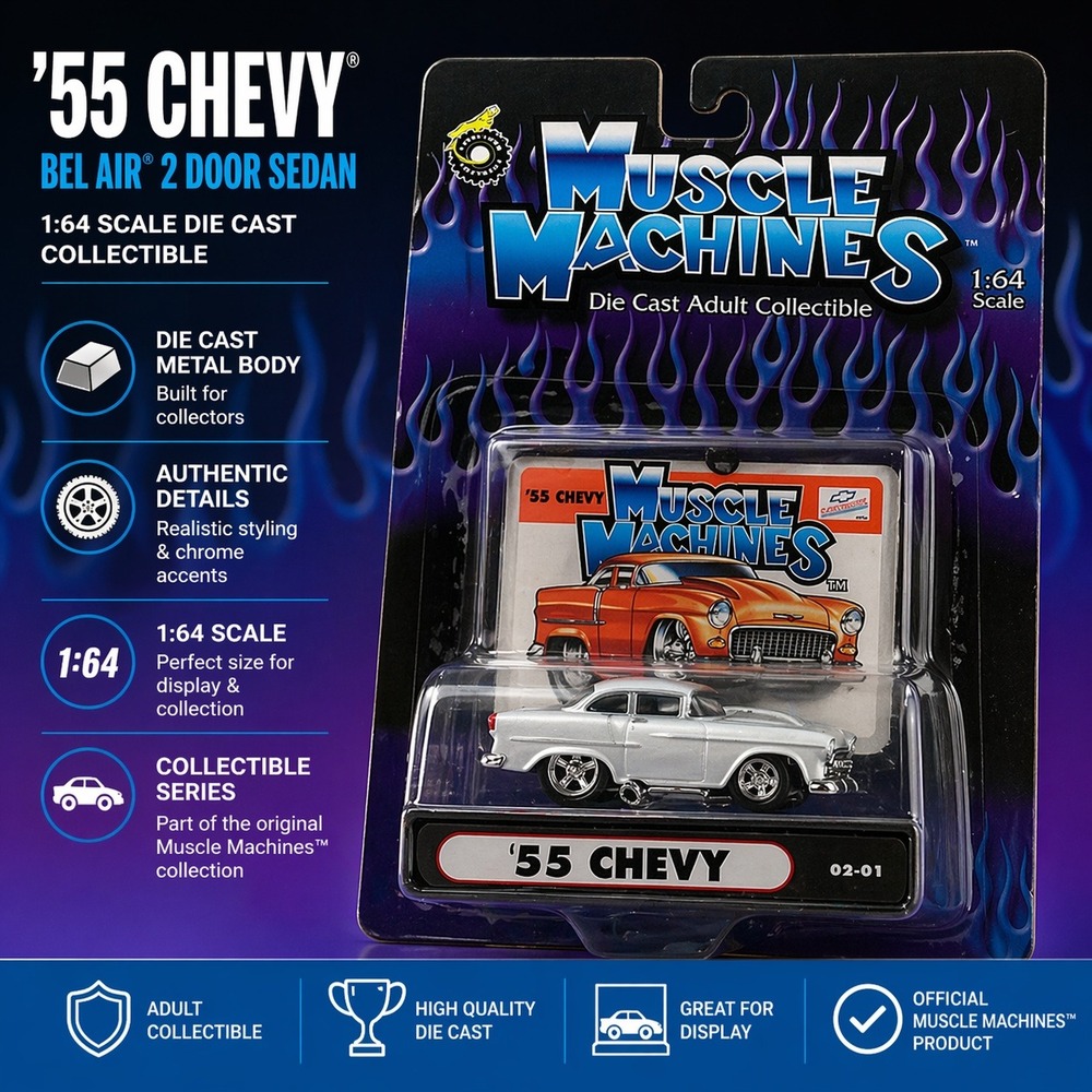 Muscle Machines 55‎ Chevy White 1:64 Scale Die Cast Car 02-01 Funline 2000 New